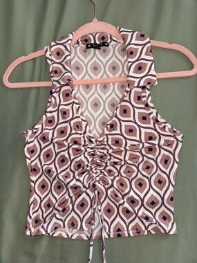 Geometric Print Ruched Cropped Tank Top - Taupe & Cream